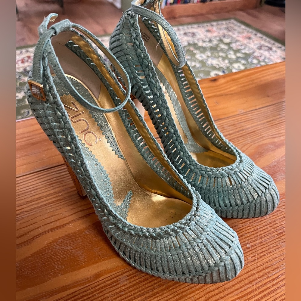 Zinc basketweave ankle strap heels, size 6.5